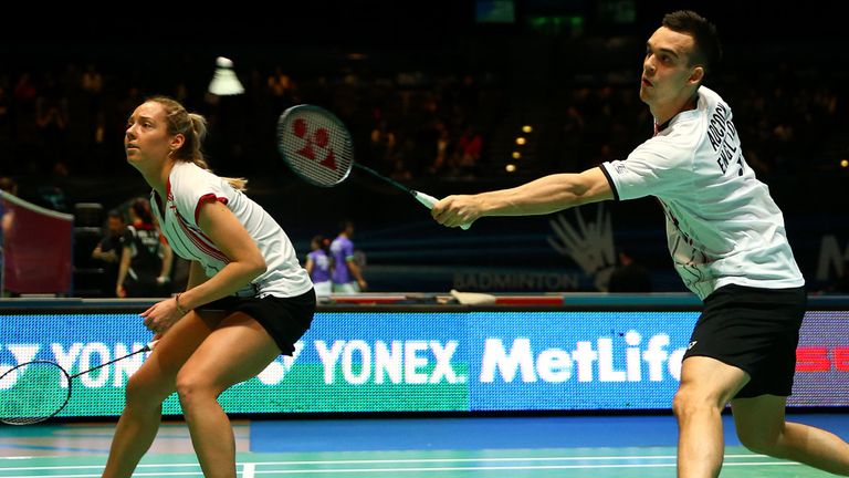 BIRMINGHAM, ENGLAND - MARCH 05:  Chris and Gabrielle Adcock of England in action on their way to winning their mixed doubles match against Kevin Sanjaya Su