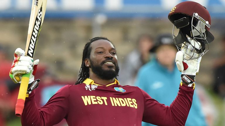 West Indies Chris Gayle celebrates his double century