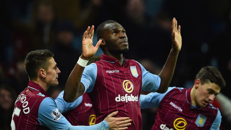 BIRMINGHAM, ENGLAND - MARCH 03:  Christian Benteke of Aston Villa celebrates scoring their second goal from the penalty spot with team mates during the Bar