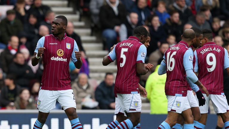 Christian Benteke of Aston Villa celebrates scoring the opening goal against Sunderland