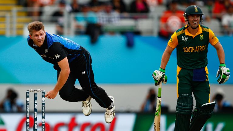 Corey Anderson of New Zealand bowls during the 2015 Cricket World Cup Semi Final match between New Zealand and South Africa at Eden Park