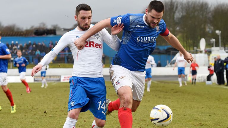 Cowdenbeath skipper John Armstrong battles with Nicky Clark at a windy Central Park