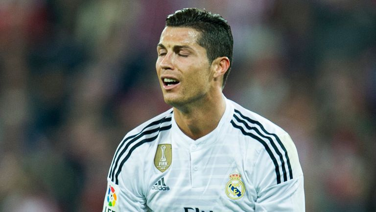 BILBAO, SPAIN - MARCH 07:  Cristiano Ronaldo of Real Madrid reacts during the La Liga match between Athletic Club Bilbao and Real Madrid CF at San Mames St
