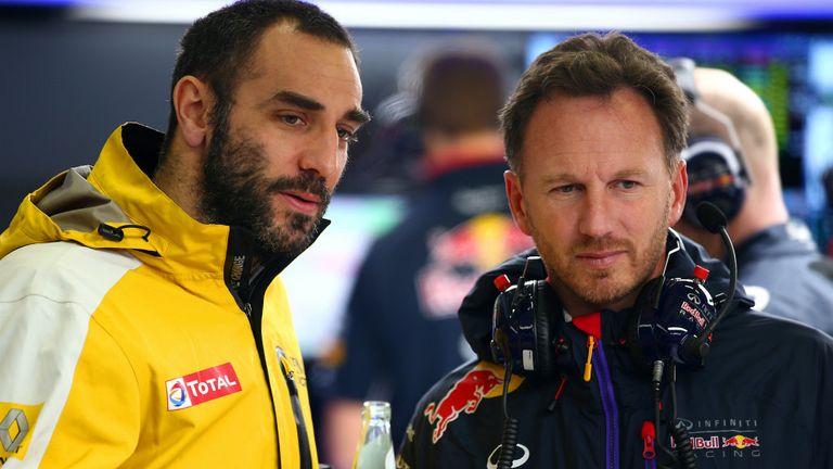 Renault Sport F1 chief Cyril Abiteboul chats to Red Bull's Christian Horner