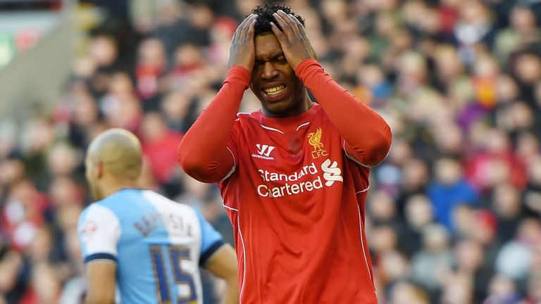 LIVERPOOL, ENGLAND - MARCH 08:  Daniel Sturridge of Liverpool reacts after a missed chance on goal during the FA Cup Quarter Final match between Liverpool 