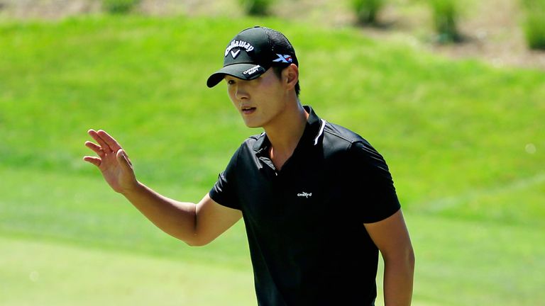 ORLANDO, FL - MARCH 21:  Danny Lee of New Zealand waves after putting on the second hole during the third round of the Arnold Palmer Invitational Presented