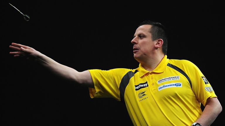 EXETER, ENGLAND - MARCH 05:  Dave Chisnall of England competes against Gary Anderson of Scotland during The Betway Premier League Darts at Westpoint Arena 