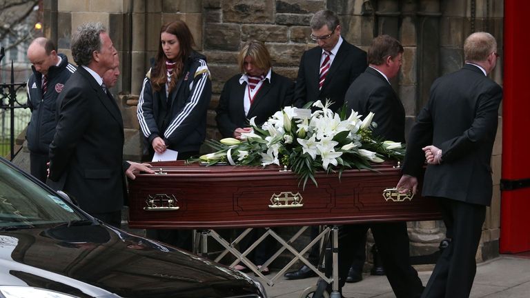 The coffin of Dave Mackay as it arrives at his funeral at the Mansfield Traquair Centre in Edinburgh.