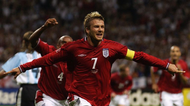  David Beckham Captain of England celebrates scoring during the  Group F against Argentina at the 2002 World Cup at the Sapporo Dome