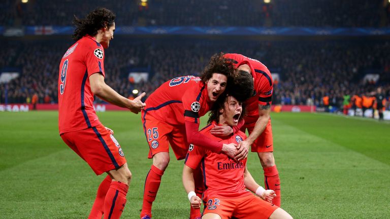 David Luiz (C) of PSG celebrates after scoring