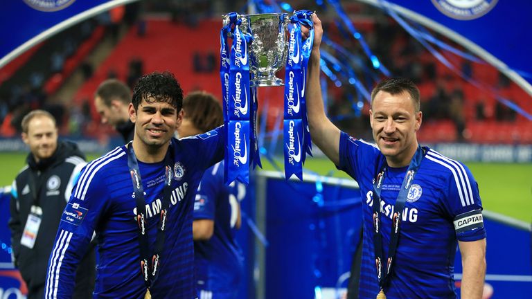 Chelsea's Diego Costa and John Terry celebrate winning the Capital One Cup final