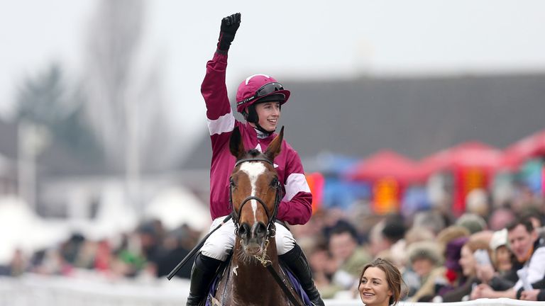 Jockey Bryan Cooper celebrates victory on Don Poli following the RSA Chase on Ladies Day during the Cheltenham Festival