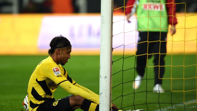 Dortmund's Gabonese striker Pierre-Emerick Aubameyang reacts during the Bundesliga match Borussia Dortmund and Cologne.