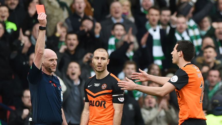 Dundee United's Sean Dillon is shown the red card