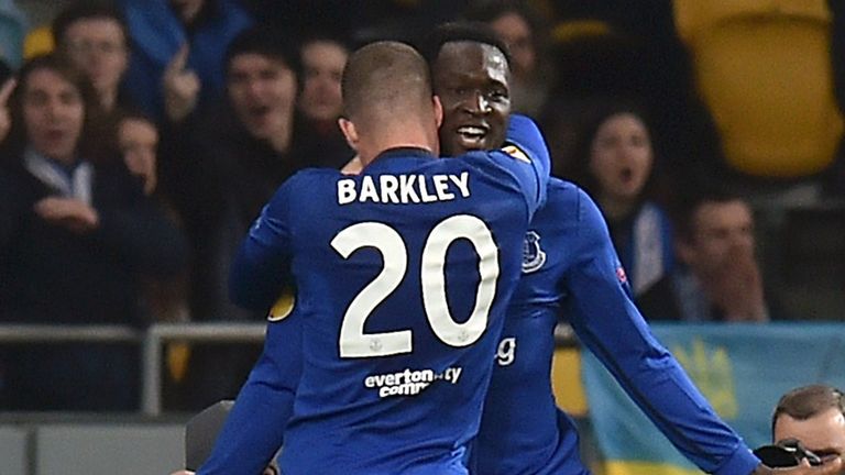 Everton's Belgian forward Romelu Lukaku (back) celebrates with English midfielder Ross Barkley 