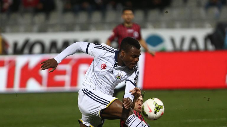 Fenerbahce's Emmanuel Emenike (front) is tackled during Turkish Spor Toto Super League football match between Fenerbahce and Genclerbirligi