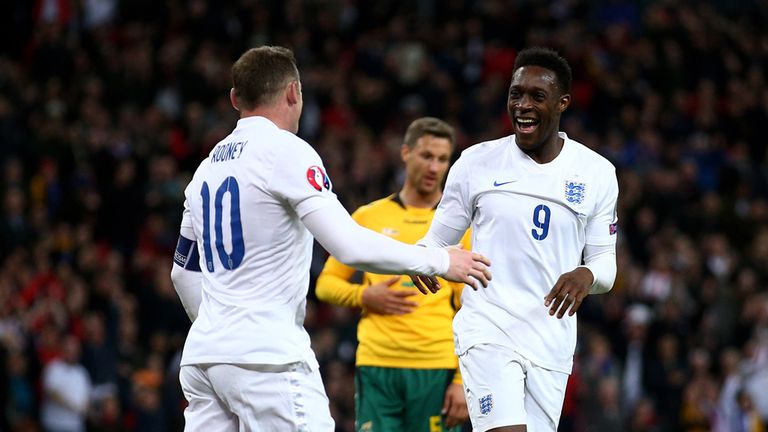 Wayne Rooney and Danny Welbeck celebrate after Welbeck scores for England