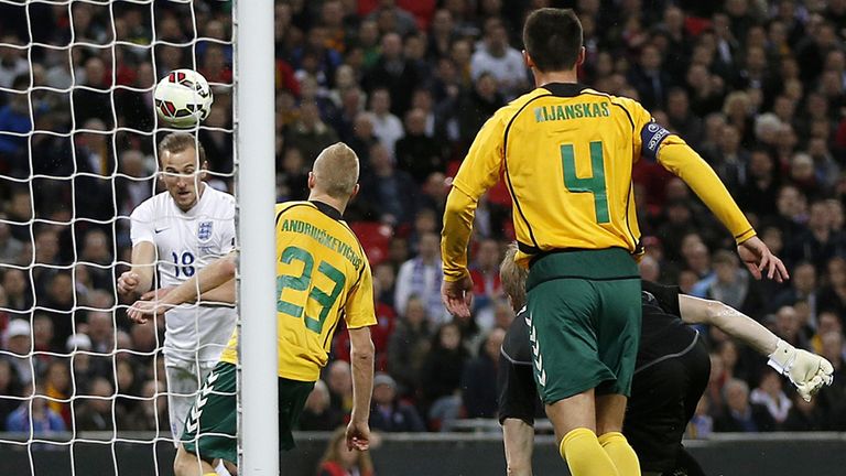 England's Harry Kane scores on his debut against Lithuania
