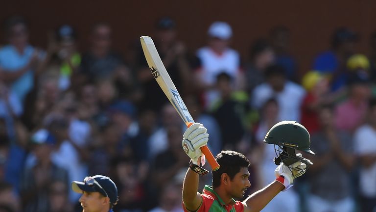 ADELAIDE, AUSTRALIA - MARCH 09:  Md. Mahmud Ullah of Bangladesh celebrates reaching his century during the 2015 ICC Cricket World Cup match between England