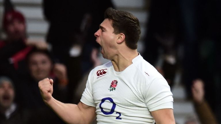 England's Ben Youngs celebrates scoring the first try during the 2015 RBS Six Nations match at Twickenham Stadium, London.