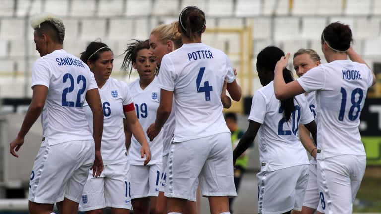 LARNACA, CYPRUS - MARCH 4 :England's players  celebrate a goal   during the Cyprus Cup match between England and Finland