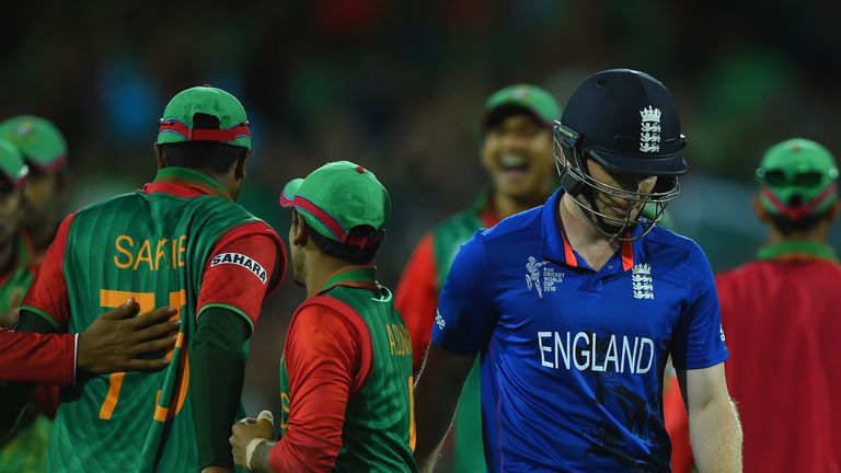 England captain Eoin Morgan heads back to the dressing room for 0 during the 2015 ICC Cricket World Cup match v Bangladesh