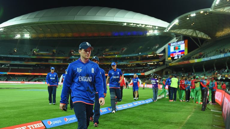 ADELAIDE, AUSTRALIA - MARCH 09:  England captain Eoin Morgan looks dejected as he leaves the field after the 2015 ICC Cricket World Cup match between Engla