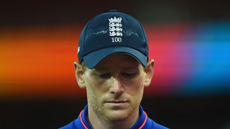 ADELAIDE, AUSTRALIA - MARCH 09:  England captain Eoin Morgan looks dejected as he leaves the field after the 2015 ICC Cricket World Cup match between Engla