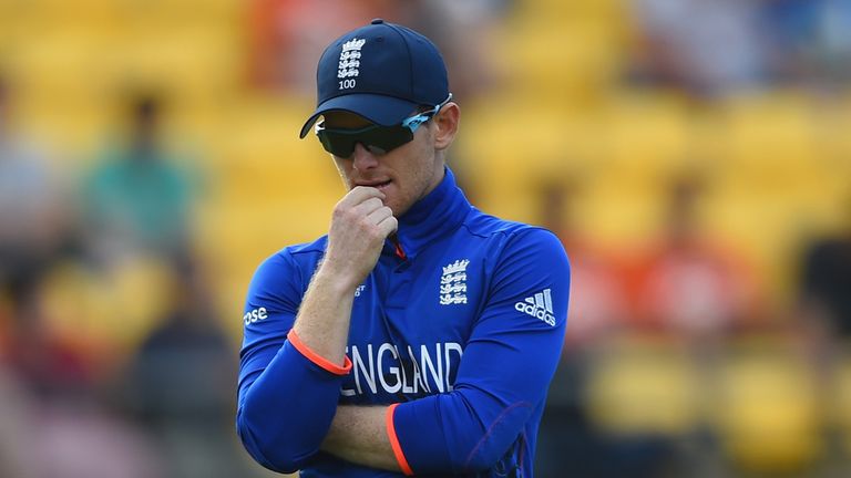 WELLINGTON, NEW ZEALAND - MARCH 01:  Eoin Morgan of England during the 2015 ICC Cricket World Cup match between England and Sri Lanka at Wellington Regiona
