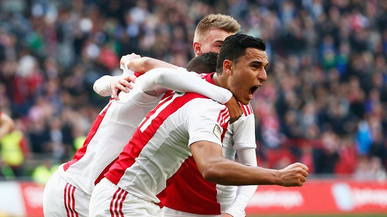 Anwar El-Ghazi of Ajax celebrates scoring the only goal of the game