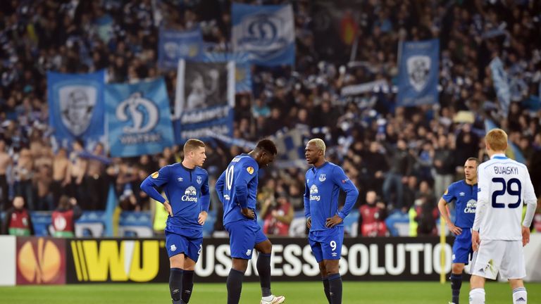 Everton FC players react after losing a goal to FC Dynamo Kiev