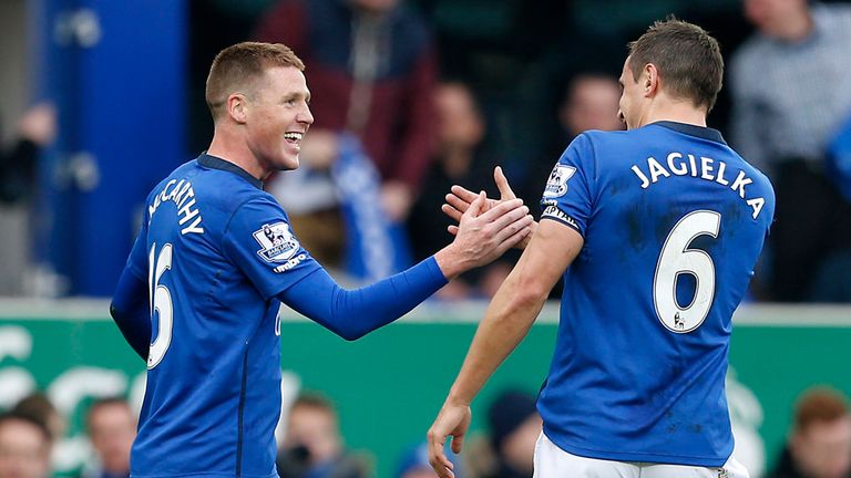 Everton's James McCarthy (left) celebrates with teammate Phil Jagielka (right) after scoring his sides first goal of the game against Newcastle