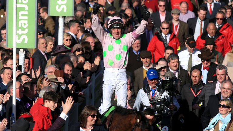 Ruby Walsh celebrates winning the Stan James Champion Hurdle on Faugheen