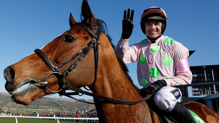 Ruby Walsh celebrates after winning the Champion Hurdle on Faugheen