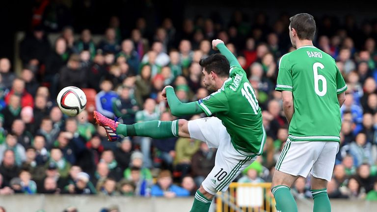 Northern Ireland's Kyle Lafferty scores his team's first goal against Finland