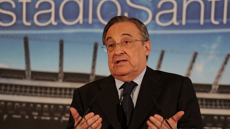 MADRID, SPAIN - MARCH 12:  Real Madrid President Florentino Perez holds a press conference at the Santiago Bernabeu stadium on March 12, 2015 in Madrid, Sp