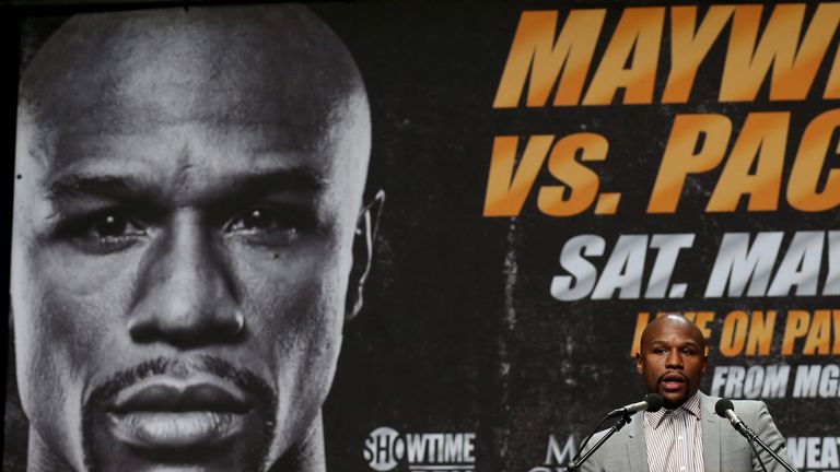 LOS ANGELES, CA - MARCH 11:  Floyd Mayweather Jr. speaks at the  Floyd Mayweather v Manny Pacquiao  Press Conference on March 11, 2015 in Los Angeles, Cali