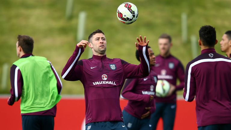 Gary Cahill in action during an England training session at St Georges Park in Burton-upon-Trent