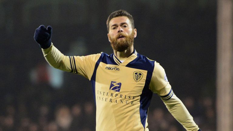 Mirco Antenucci of Leeds United celebrates as he scores their third goal during the Sky Bet Championship match at Fulham 