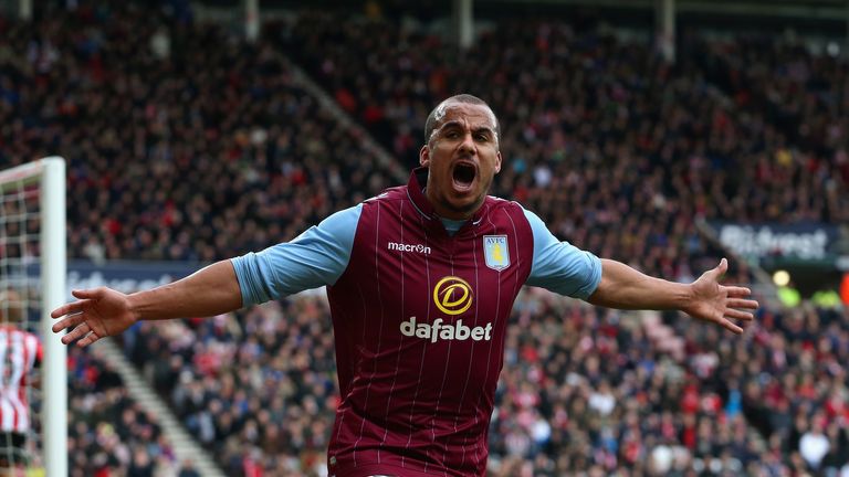 Gabriel Agbonlahor of Aston Villa celebrates scoring their second goal 