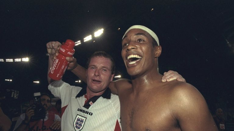 11 Oct 1997:  Paul Gascoigne (left) and Paul Ince both of England celebrate after the World Cup Qualifier against Italy 