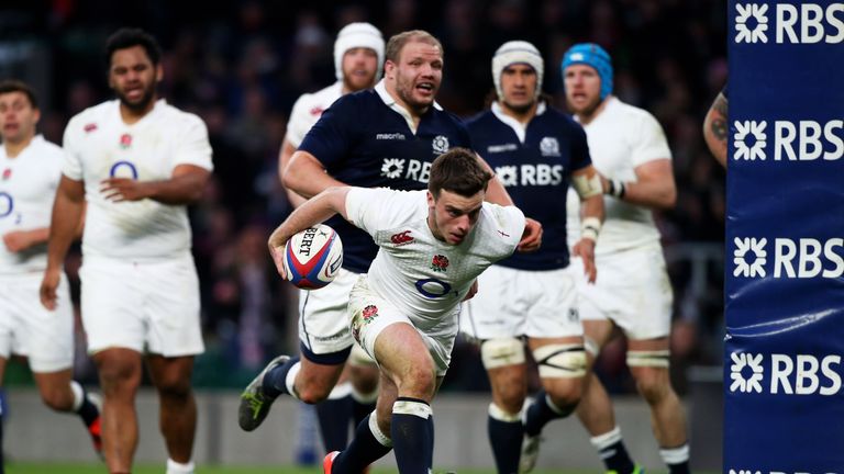 George Ford of England scores against Scotland