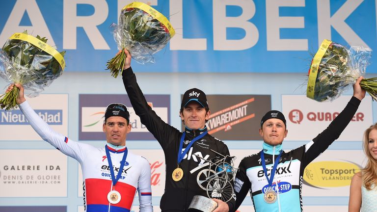 Zdenek Stybar, Geraint Thomas celebrate on the podium of the E3 Prijs Vlaanderen Harelbeke