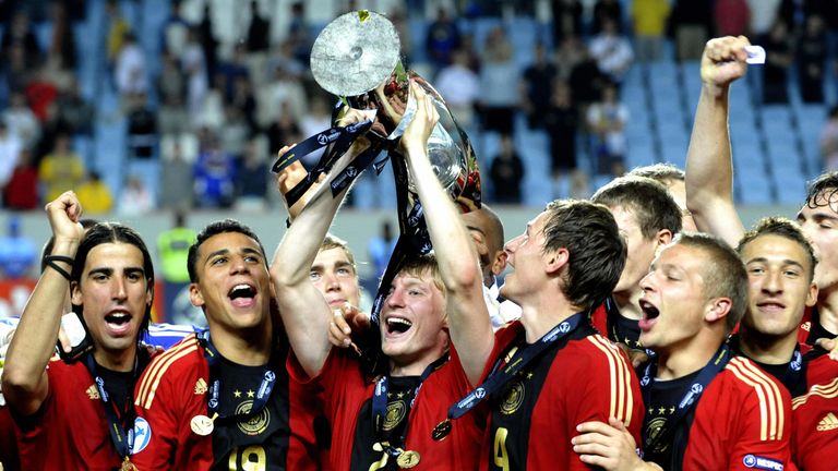 Germany players hold up the trophy after their victory over England in the Under 21 European Championship final at the Malmo New Stadium on June 29, 2009. 