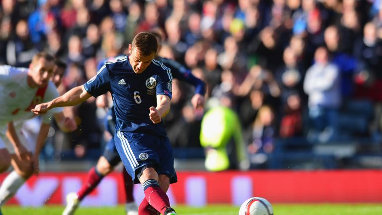 Shaun Maloney of Scotland scores the opening goal against Gibraltar from the penalty spot