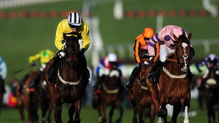 Glens Melody (left), ridden by Paul Townend, crosses the line to win the OLBG Mares' Hurdle at Cheltenham