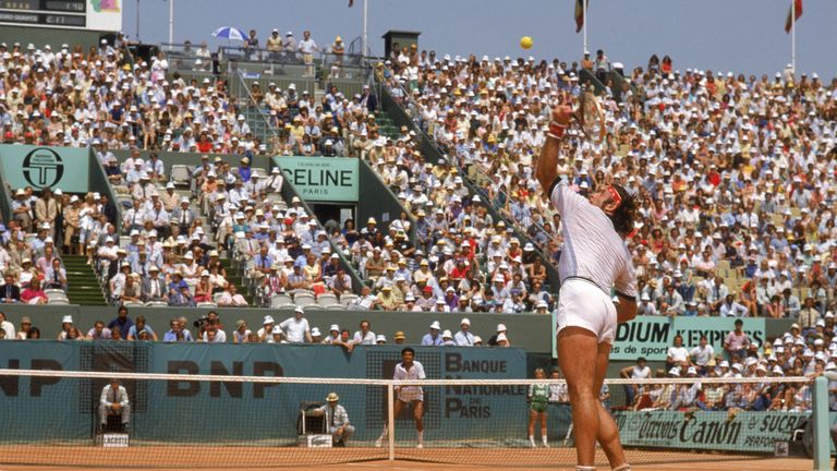 PARIS - 1982:  Guillermo Vilas of Argentina serves during a match in the 1982 French Open at the Stade Roland Garros in Paris, France.  (Photo by Steve Pow
