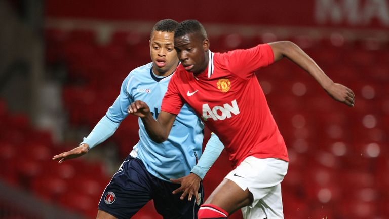 Jordan Cousins of Charlton and Gyliano van Velzen of Manchester United in FA Youth Cup action in 2012