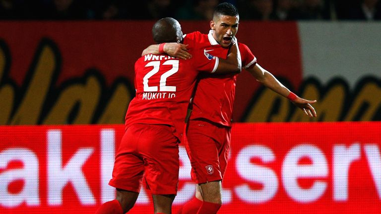 TILBURG, NETHERLANDS - MARCH 06:  Hakim Ziyech of Twente celebrates after he scores his teams first goal of the game during the Dutch Eredivisie match betw