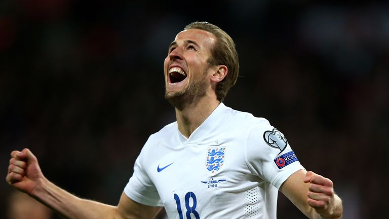 Harry Kane celebrates after scoring on his England debut against Lithuania